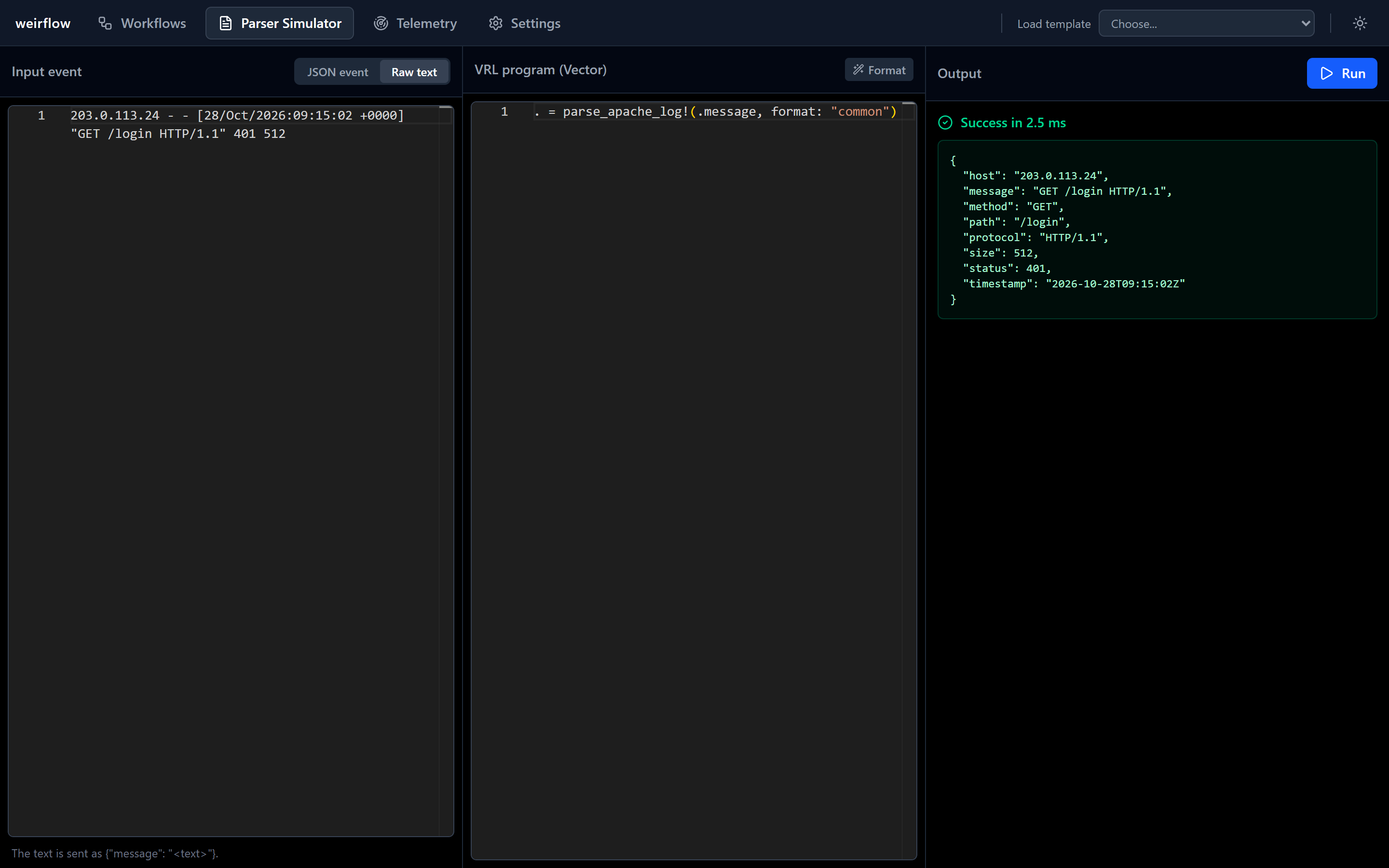 The weirflow parser simulator: a raw Apache log line, a one-line VRL program and the parsed output.