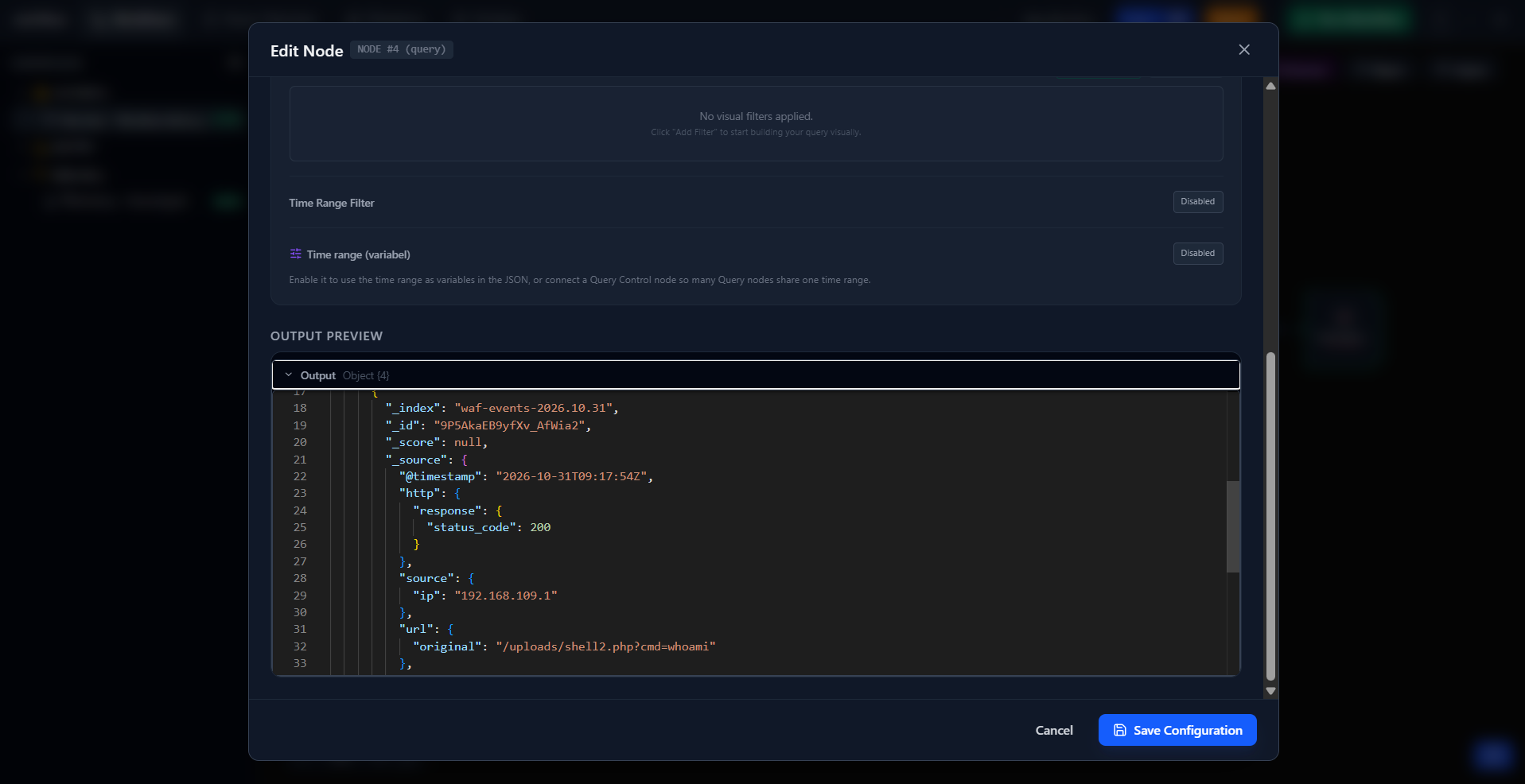 The weirflow Edit Node dialog for a Query node, with the output preview showing a WAF event as JSON.